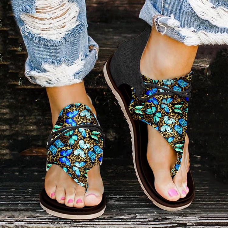 Summer Blue Butterfly Zipper Flat Sandals