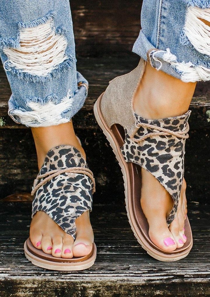 Summer Leopard Print Zipper Flat Sandals