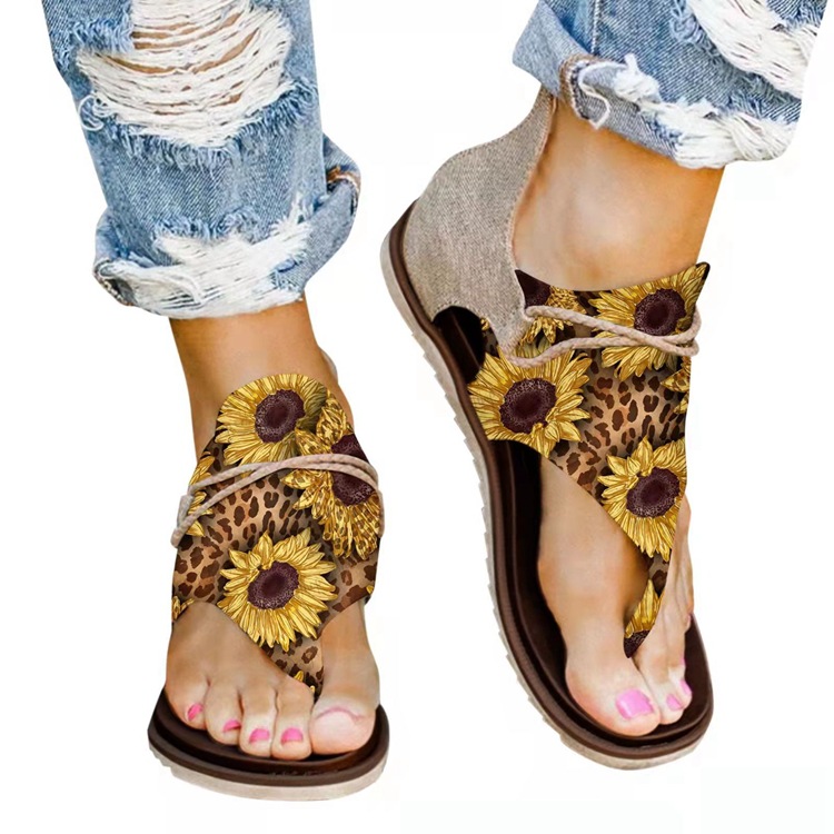 Summer Sunflower Leopard Print Zipper Flat Sandals