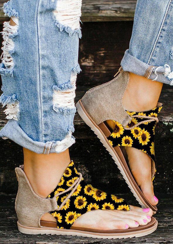 Summer Sunflower Zipper Flat Sandals