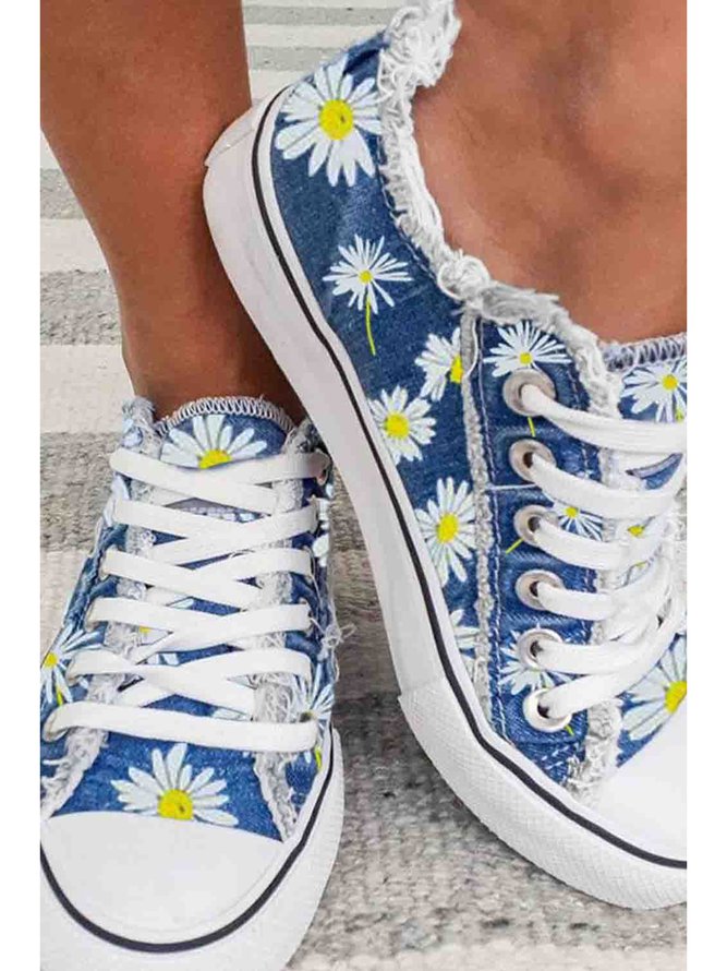 Daisy Graphic-Print Denim Lace-Up Canvas Flats