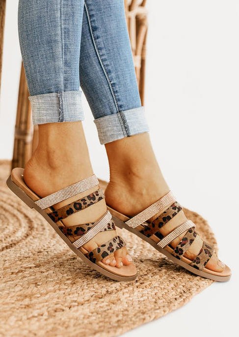 Leopard Criss-Cross Slip On Flat Slippers