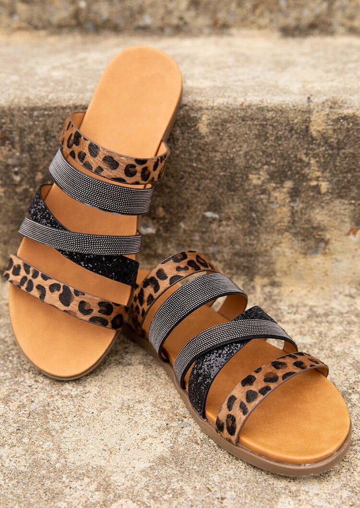 Leopard Sequined Round Toe Flat Slippers