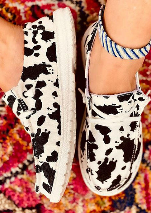 Cow Print Lace Up Round Toe Flat Sneakers