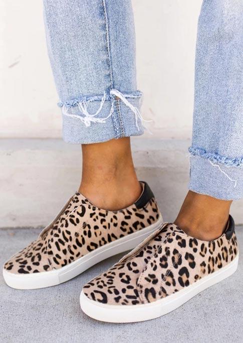 Leopard Slip On Round Toe Flat Velcro Sneakers
