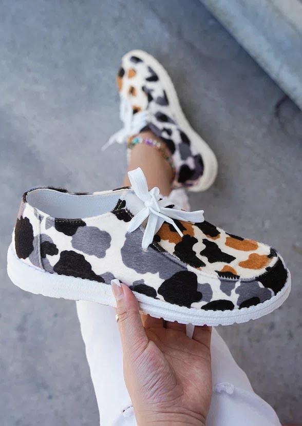 Colorful Cow Lace Up Flat Slippers