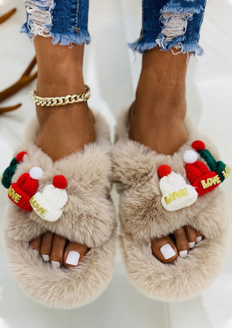Christmas Hat Love Plush Slippers