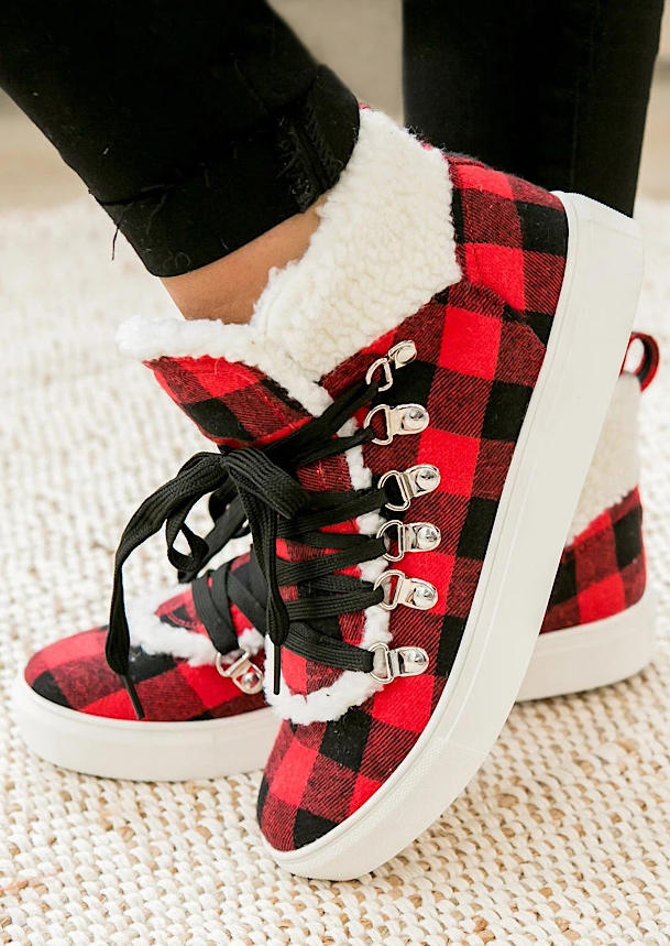 Plaid Lace Up Plush Warm Sneakers