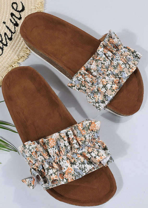 Ethnic Striped Frayed Hem Round Toe Flat Slippers