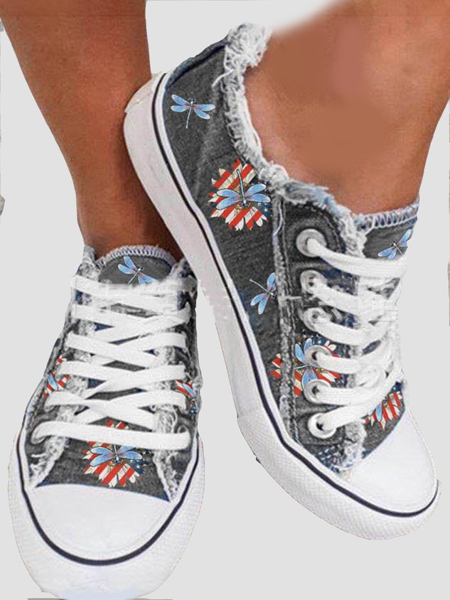 American Flag Dragonfly Lace Up Sneakers Dark Grey Wash Denim Espadrilles