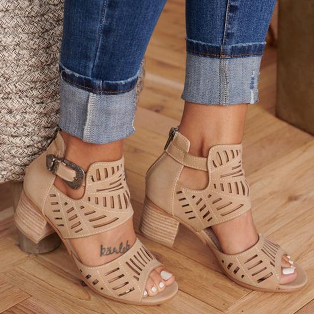 Artificial Leather Chunky Heel Adjustable Buckle Sandals Casual Shoes