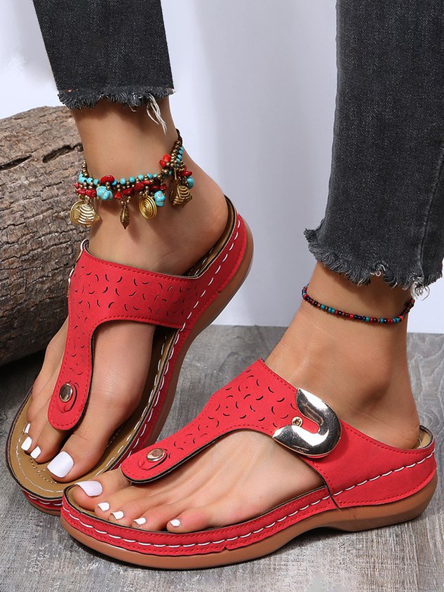 Women's Gold Buckle Punched Flip-Flops