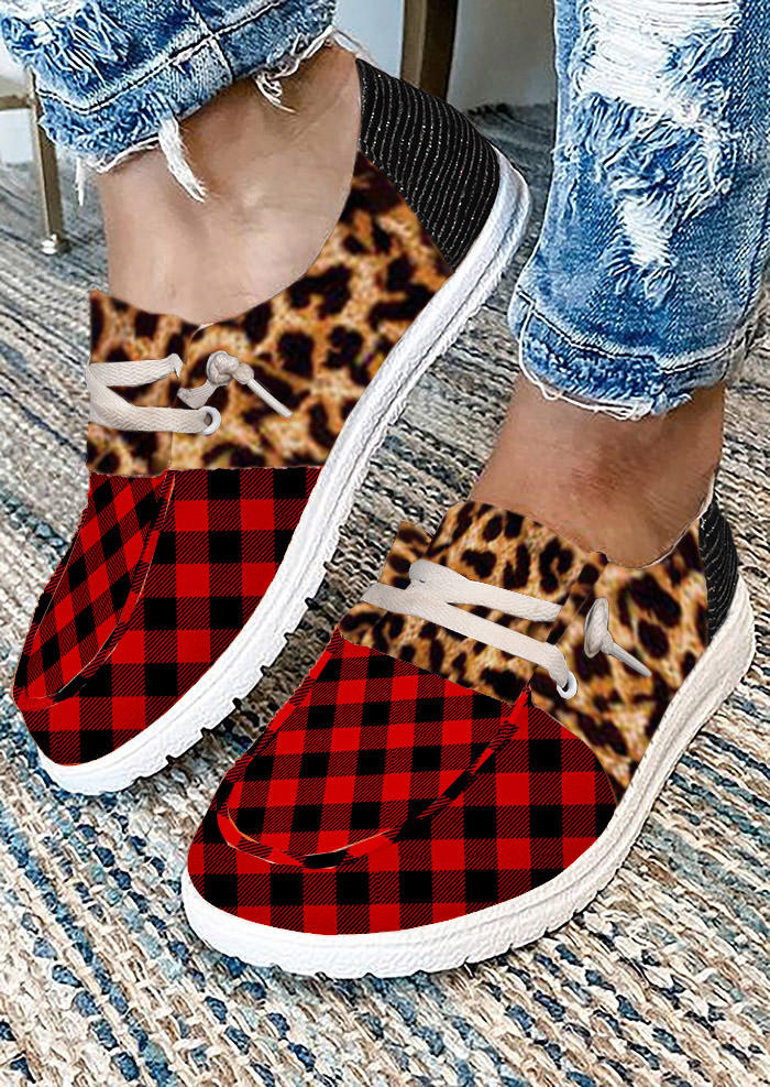 Buffalo Plaid Leopard Splicing Slip On Flat Sneakers