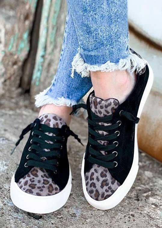 Leopard Lace Up Round Toe Flat Sneakers