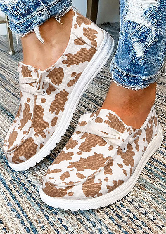 Cow Print Lace Up Round Toe Flat Sneakers