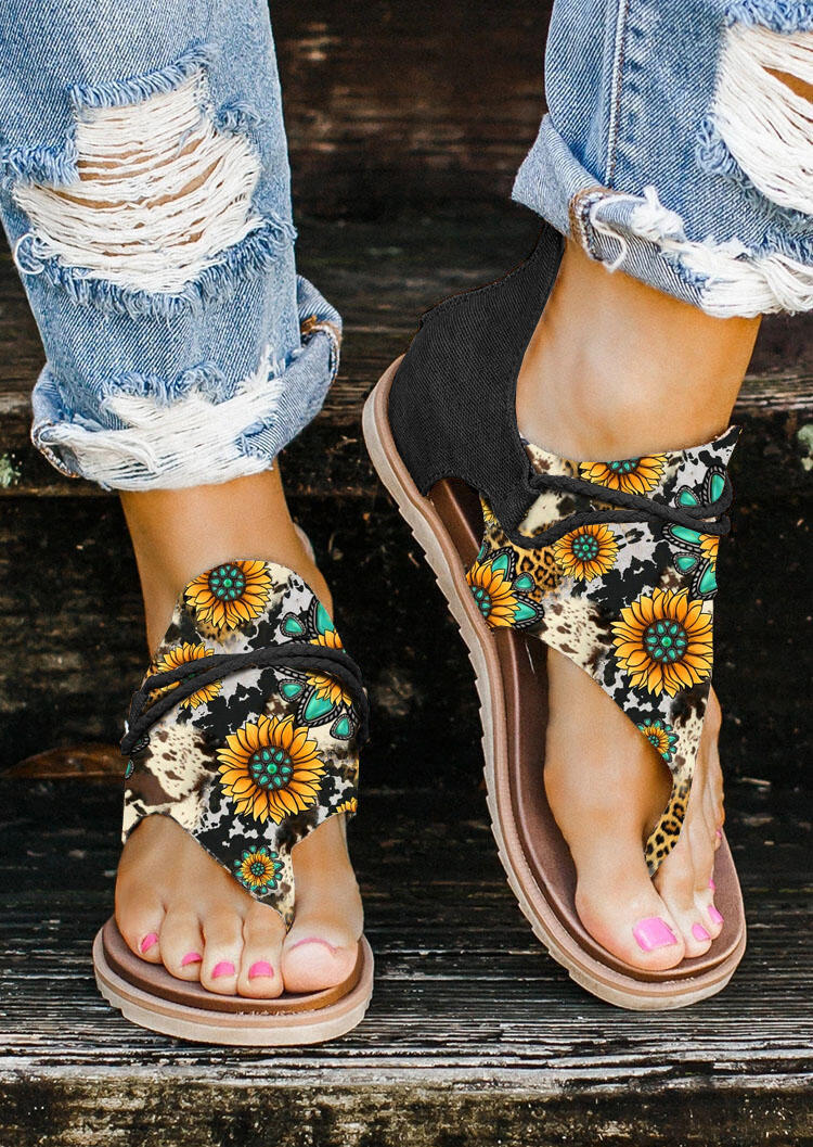 Sunflower Turquoise Cow Flat Thong Sandals