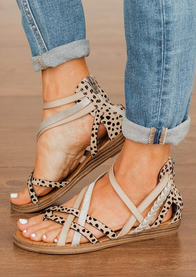 Leopard Criss-Cross Zipper Flat Sandals