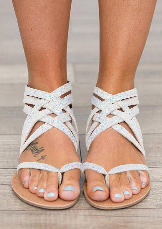 Summer Glitter Cross-Tied Zipper Flat Sandals