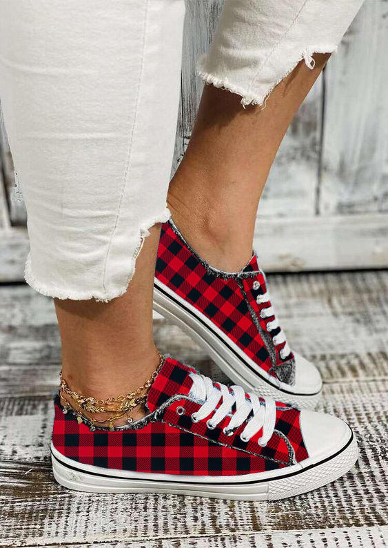 Buffalo Plaid Lace Up Frayed Hem Sneakers