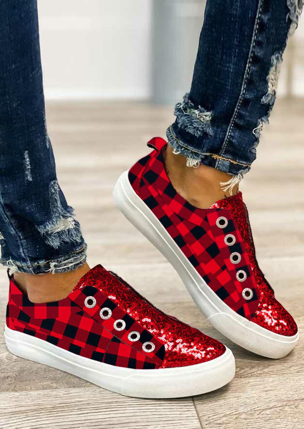 Sequined Buffalo Plaid Round Toe Flat Sneakers
