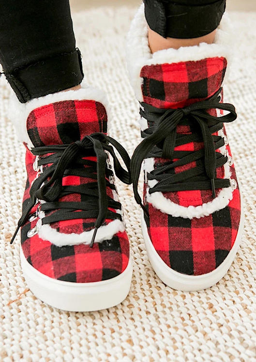 Plaid Lace Up Plush Warm Sneakers