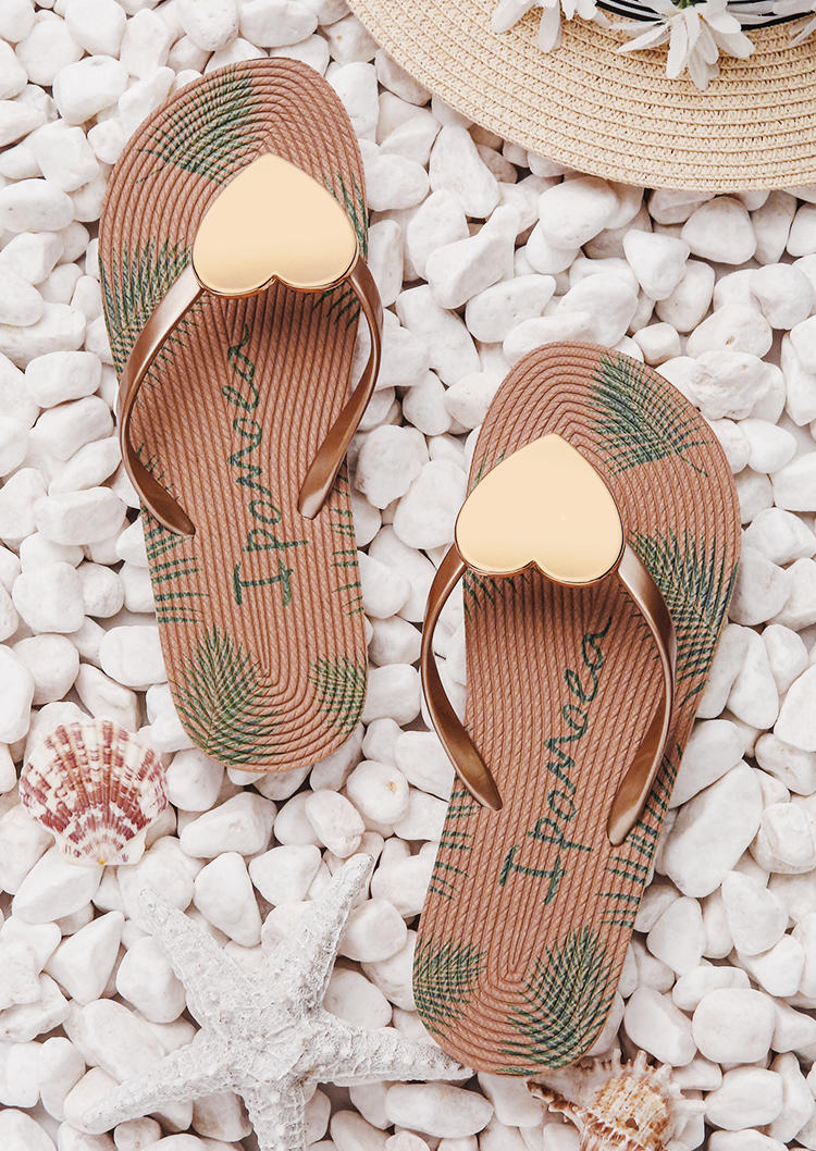 Palm Leaf Love Heart Flat Flip Flops Slippers