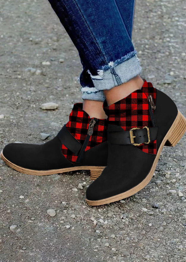 Buffalo Plaid Buckle Strap Round Toe Ankle Boots