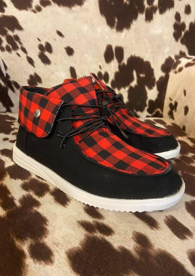 Buffalo Plaid Lace Up Flat Sneakers