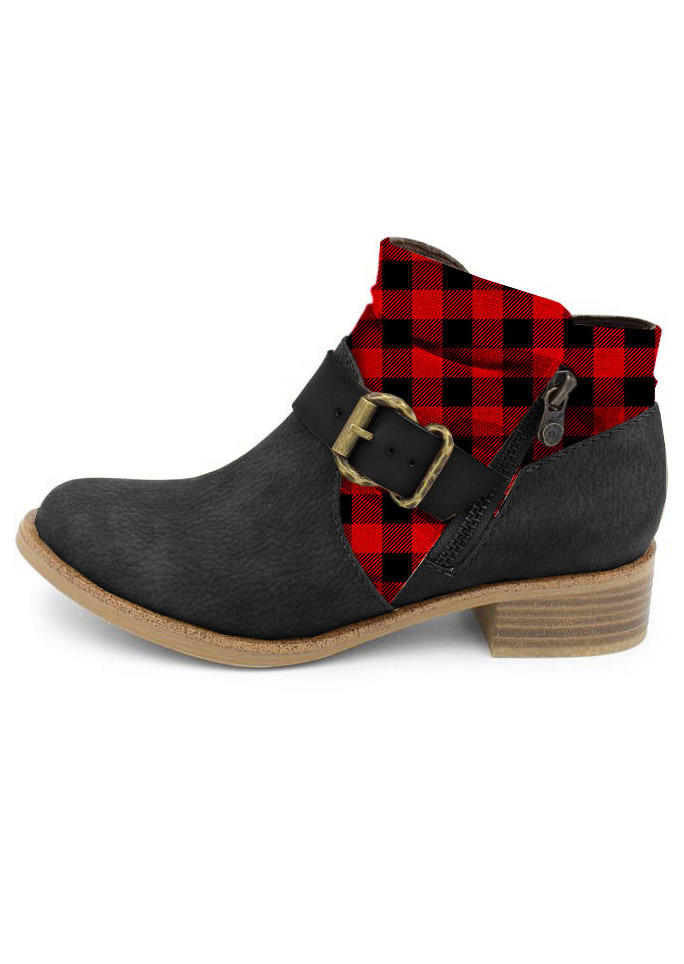 Buffalo Plaid Buckle Strap Round Toe Ankle Boots