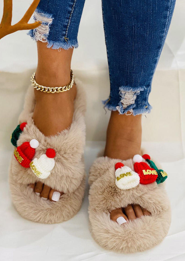 Christmas Hat Love Plush Slippers