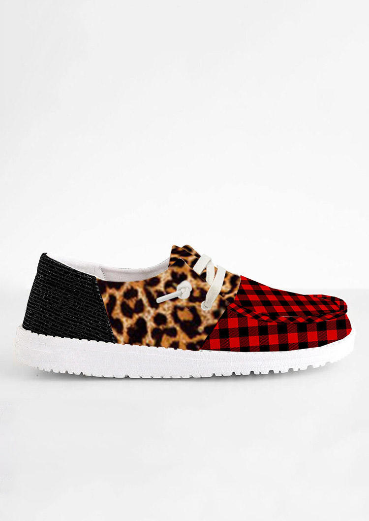 Buffalo Plaid Leopard Splicing Slip On Flat Sneakers