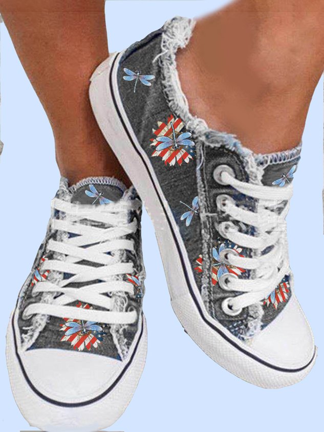 American Flag Dragonfly Lace Up Sneakers Dark Grey Wash Denim Espadrilles