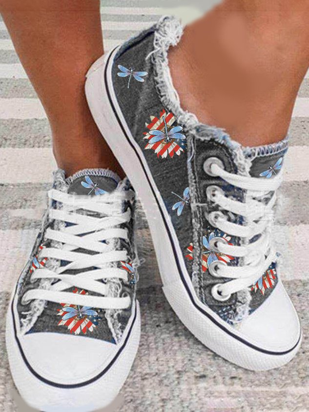 American Flag Dragonfly Lace Up Sneakers Dark Grey Wash Denim Espadrilles