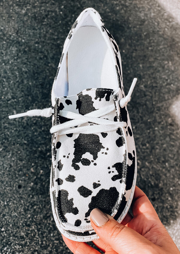 Cow Print Lace Up Round Toe Flat Sneakers