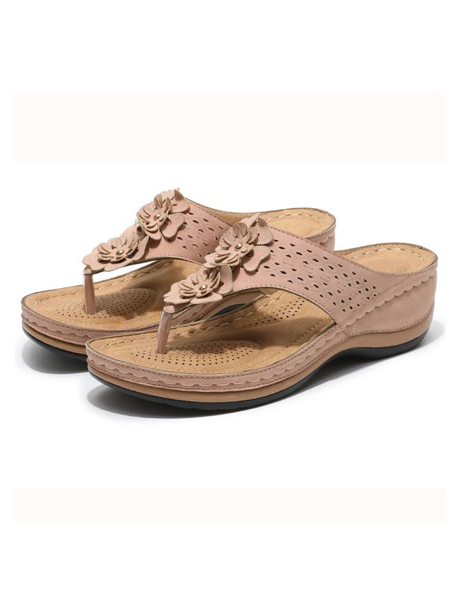 Faux Leather Three-dimensional Flower Decorative Hollow Wedge Flip-flops