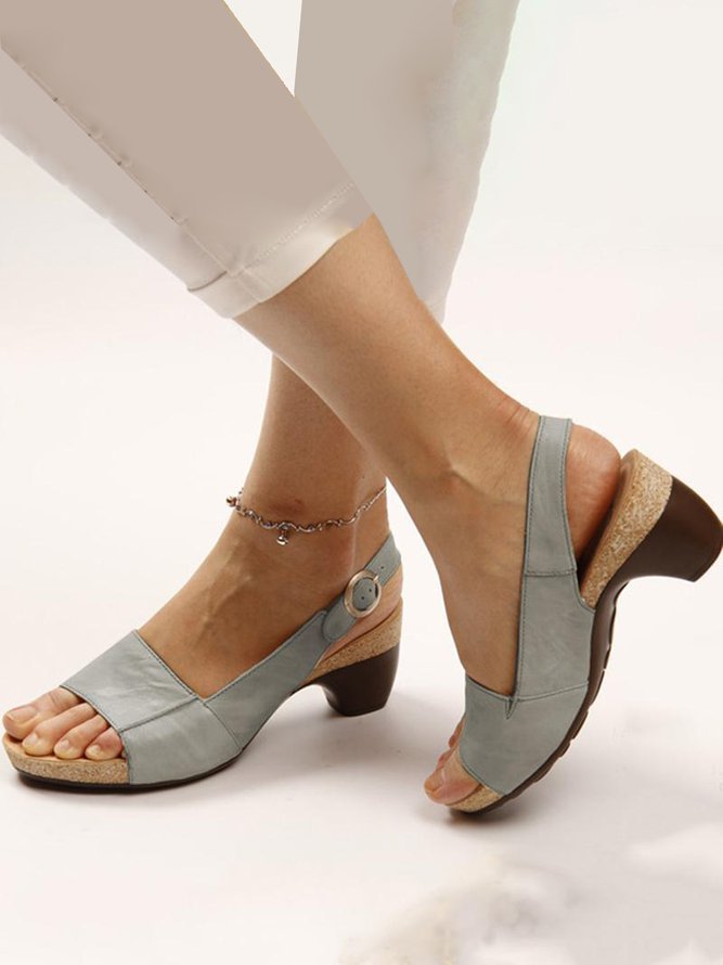 Retro Solid Simple Open Toe Chunky Heel Sandals