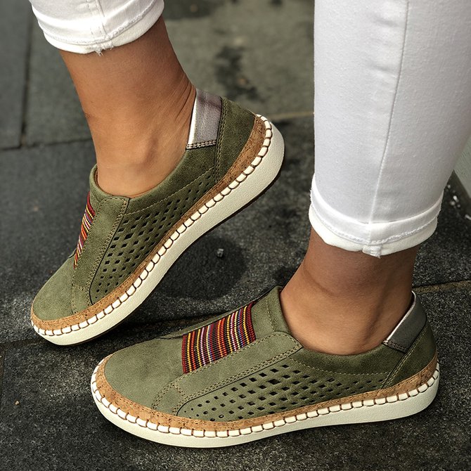 Women Green Slide Hollow-Out Round Toe Casual Pu Sneakers Flats