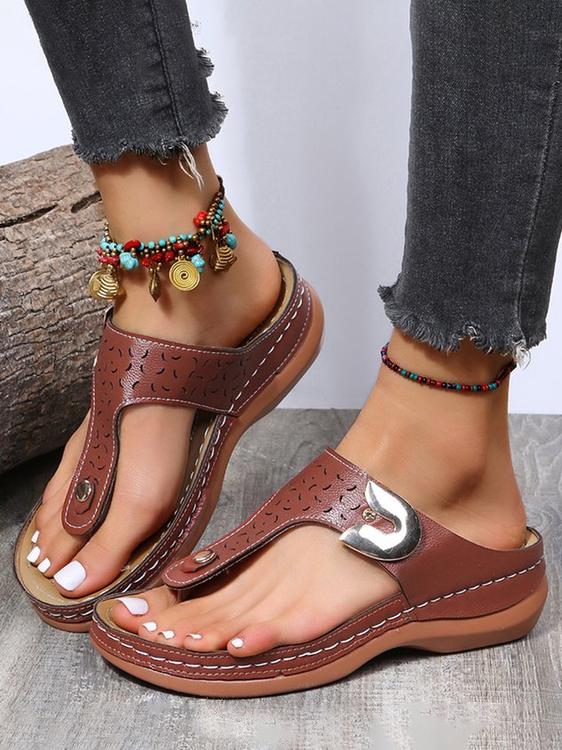 Women's Gold Buckle Punched Flip-Flops