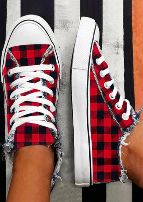 Buffalo Plaid Lace Up Frayed Hem Sneakers