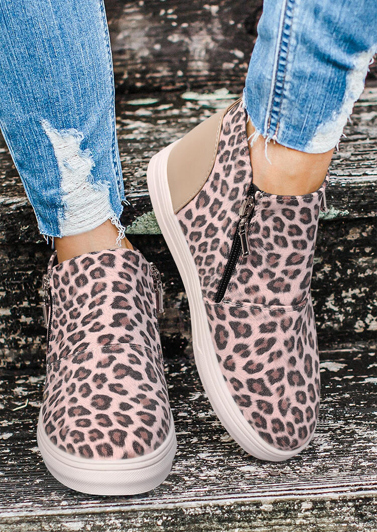 Leopard Splicing Zipper Round Toe Ankle Boots