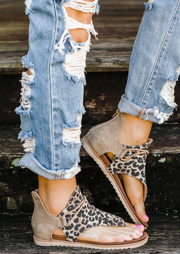 Women's Summer Leopard Printed Zipper Flat Sandals