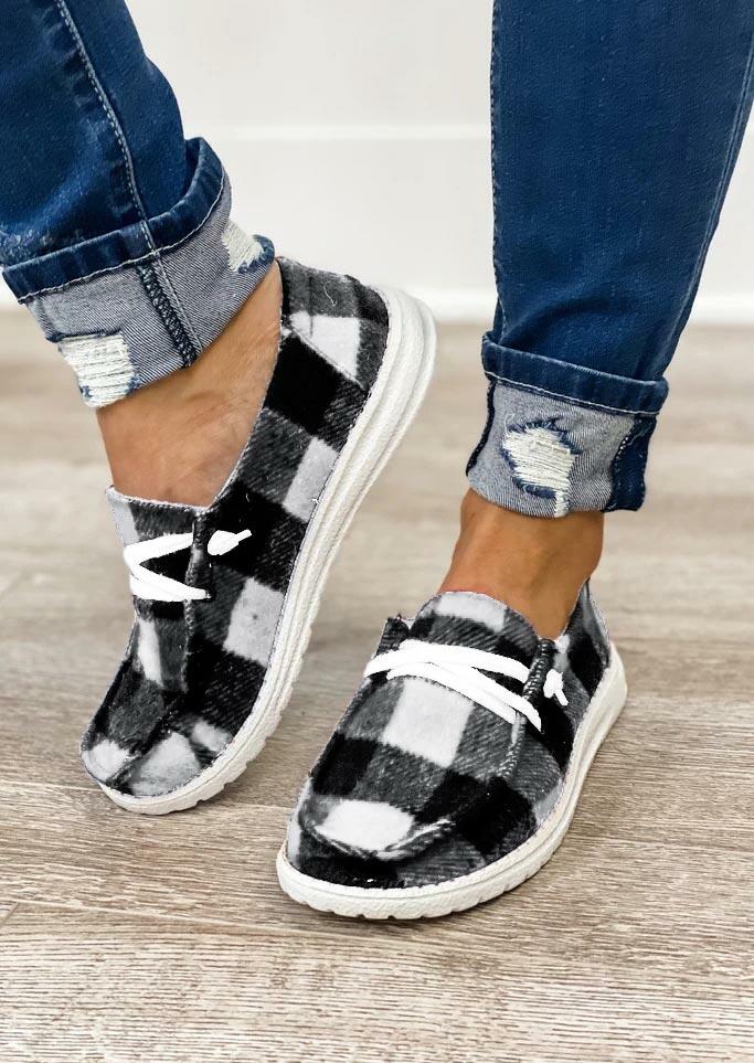 Plaid Lace Up Round Toe Flat Sneakers