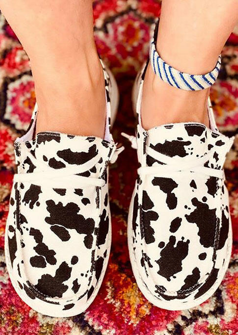 Cow Print Lace Up Round Toe Flat Sneakers