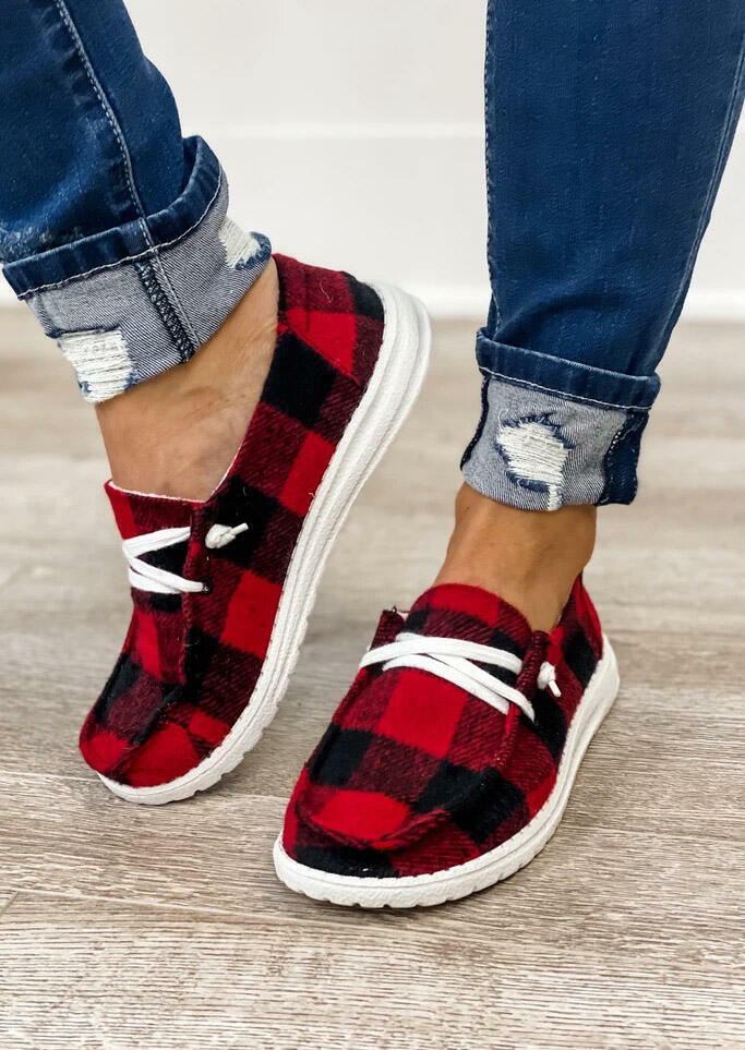 Plaid Lace Up Round Toe Flat Sneakers