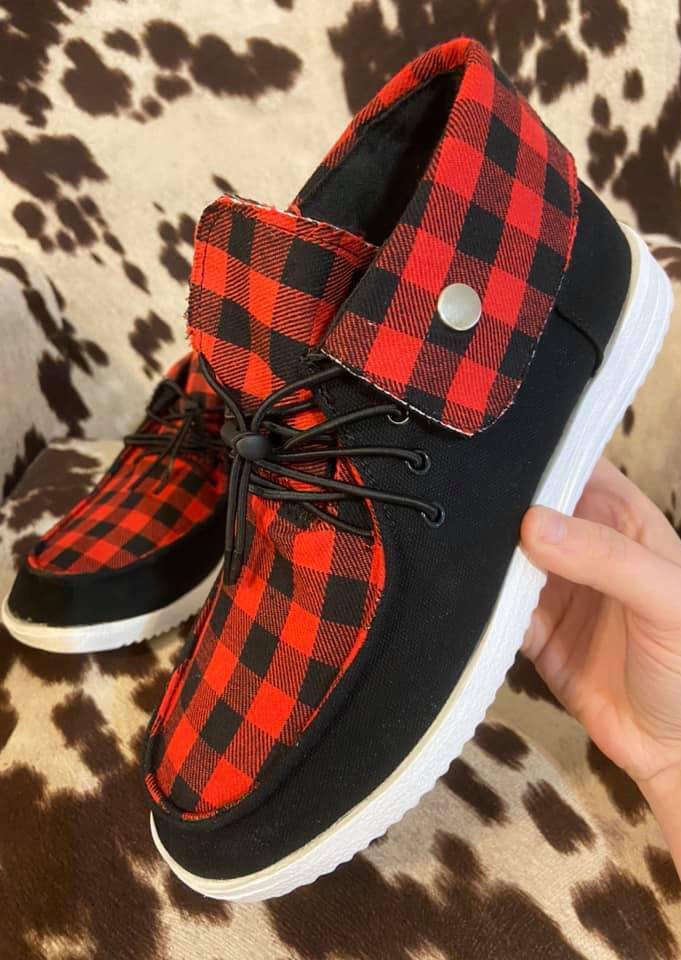 Buffalo Plaid Lace Up Flat Sneakers