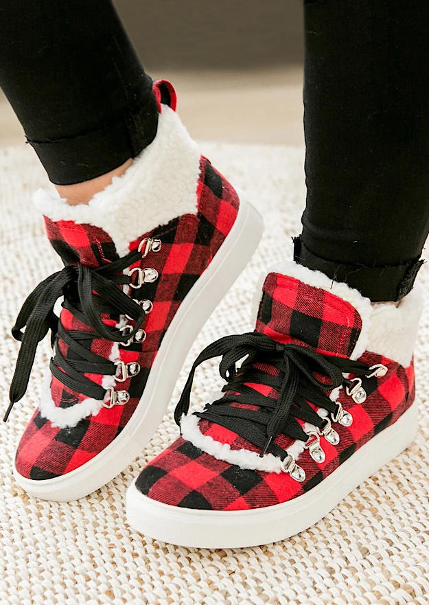 Plaid Lace Up Plush Warm Sneakers