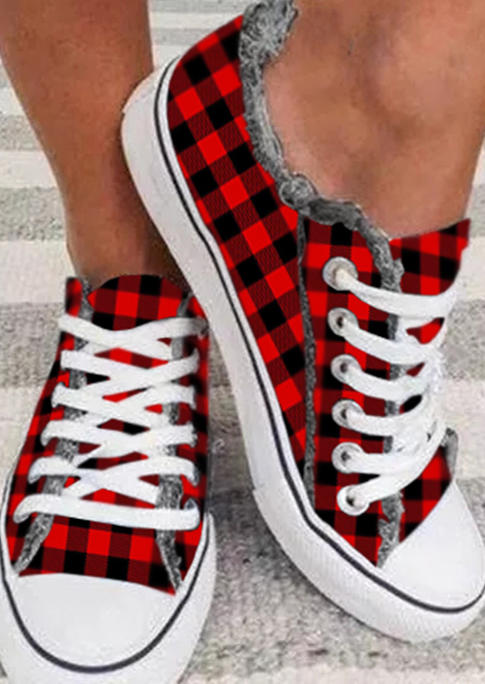 Buffalo Plaid Lace Up Frayed Hem Sneakers