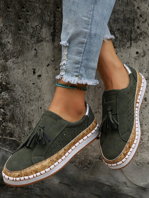 Fringe Embellished Cutout Breathable Flats