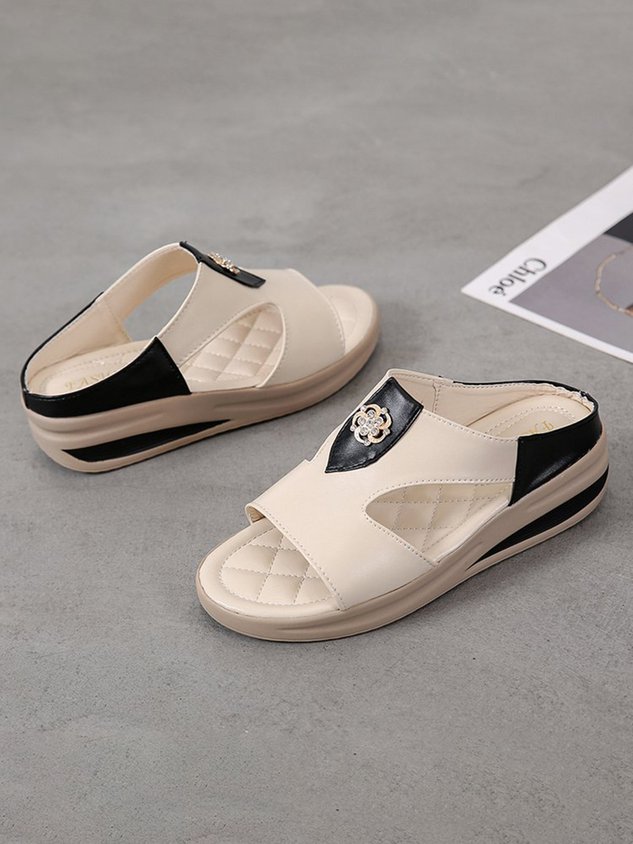 Rhinestone Floral Contrast Panel Wedge Slides