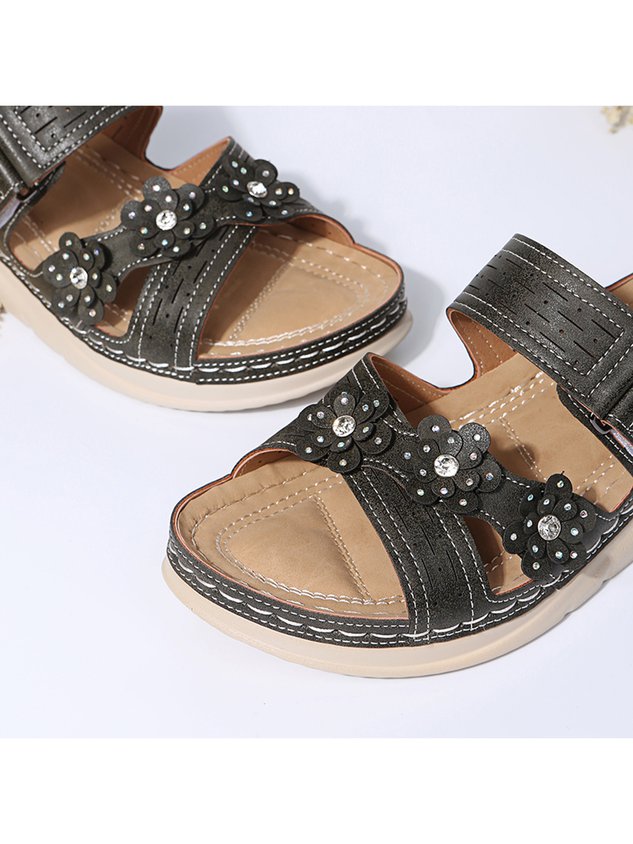 Rhinestone Three-dimensional Flower Comfortable Casual Velcro Slippers